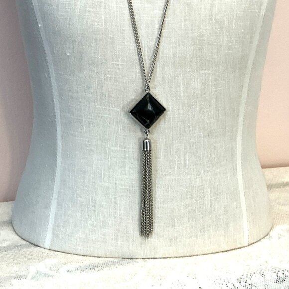 Composite Black Howlite Tassel Pendant Necklace Silver Chain by Toni - Picture 5 of 5